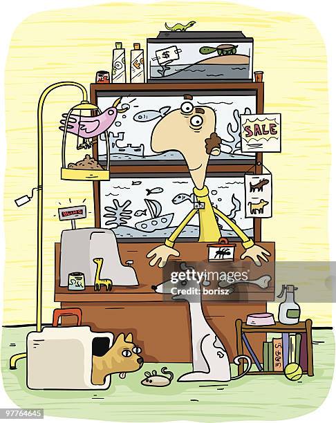 man working at pet store with various animals - pet shop owner stock illustrations