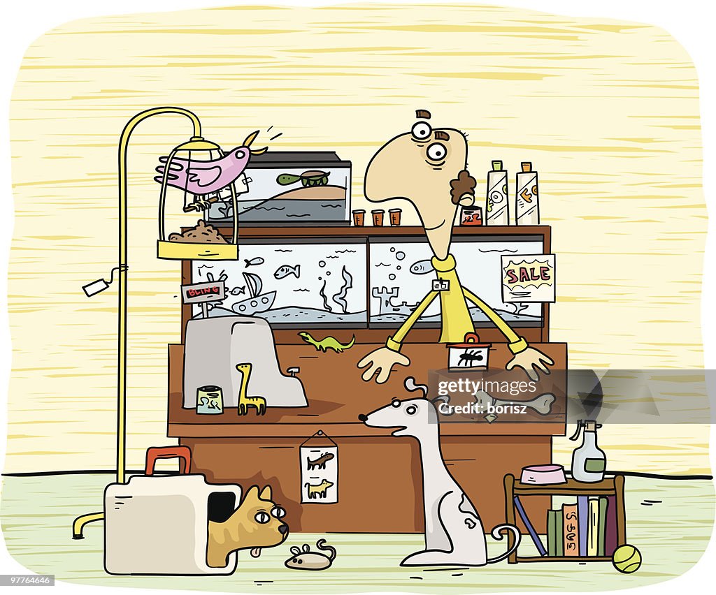 Man Working at Pet Store with Various Animals