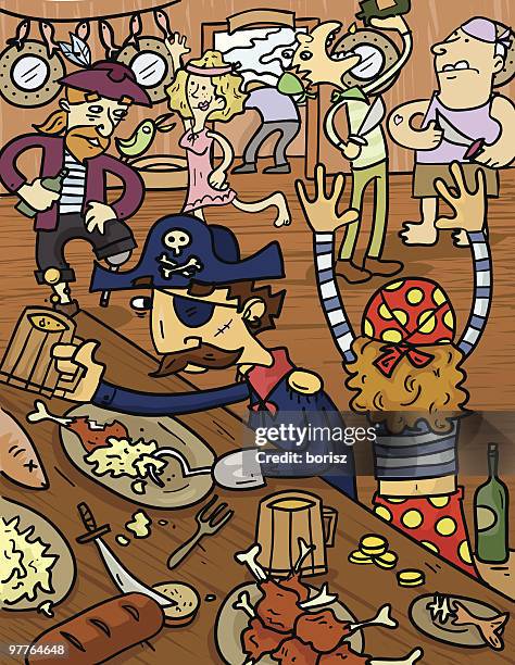 gruppe von piraten essen und trinken im saloon - sailor arm stock-grafiken, -clipart, -cartoons und -symbole