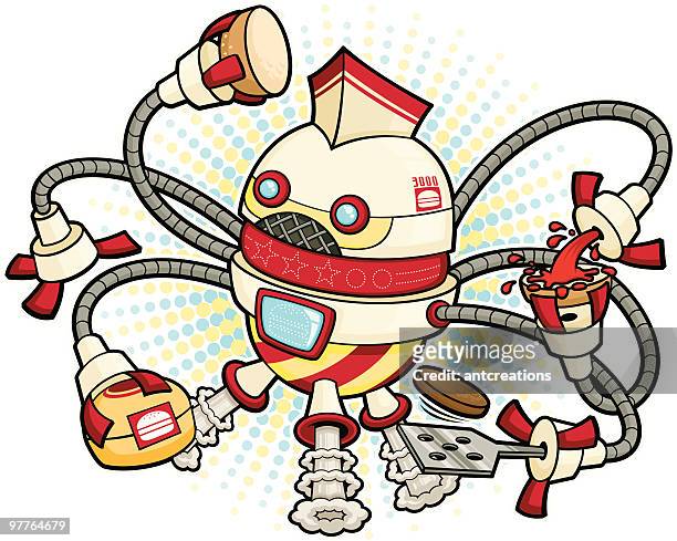 illustrazioni stock, clip art, cartoni animati e icone di tendenza di fumetto di robot hamburger con apertura a compasso - funny burger vector