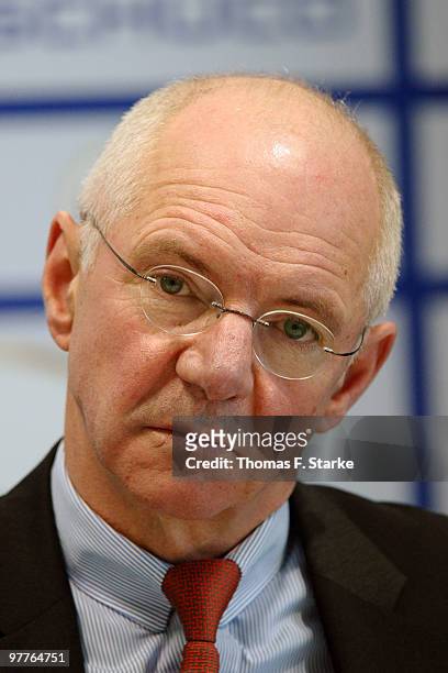 Chairman of the board Norbert Leopoldseder looks on during the Arminia Bielefeld press conference at the Schueco Arena on March 16, 2010 in...
