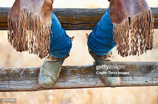 cowboy boots on fence - chaps stock pictures, royalty-free photos & images