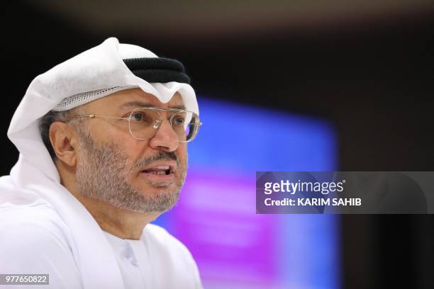 Emirati Foreign Minister Anwar Gargash speaks during a press conference in Dubai on June 18, 2018. The United Arab Emirates, part of a Saudi-led Arab...