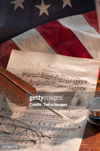 Sheet music on American flag Sheet music on American flag