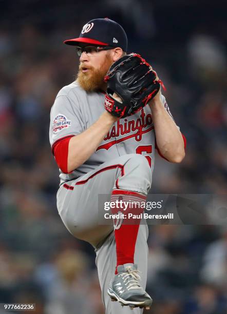 Pitcher Sean Doolittle of the Washington Nationals pitches in relief during an interleague MLB baseball game against the New York Yankees on June 13,...