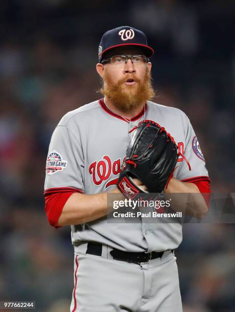 Pitcher Sean Doolittle of the Washington Nationals pitches in relief during an interleague MLB baseball game against the New York Yankees on June 13,...