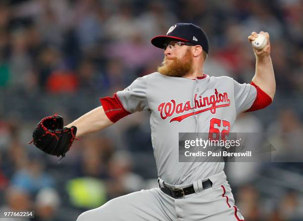 Pitcher Sean Doolittle of the Washington Nationals pitches in relief during an interleague MLB baseball game against the New York Yankees on June 13,...