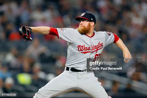 Pitcher Sean Doolittle of the Washington Nationals pitches in relief during an interleague MLB baseball game against the New York Yankees on June 13,...