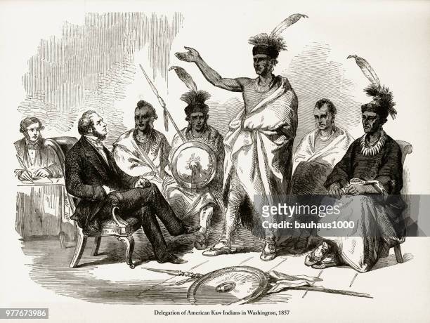 delegation der amerikanischen ureinwohner kaw indianer in washington gravur, 1857 - apache culture stock-grafiken, -clipart, -cartoons und -symbole