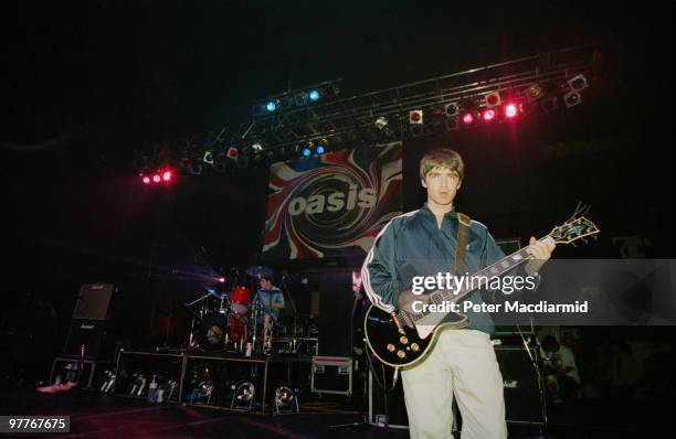 Noel Gallagher of British rock group Oasis live at the Astoria in London, 19th August 1994.