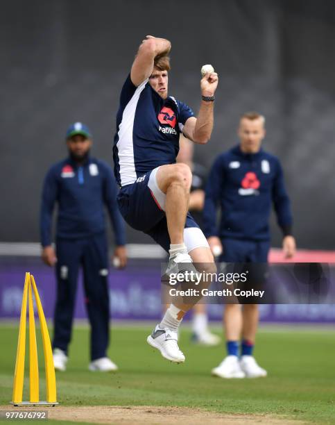 David Willey of England bowls during a nets session at Trent Bridge on June 18, 2018 in Nottingham, England.