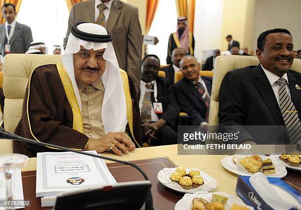 Saudi Interior Minister Prince Nayef Bin Abdul Aziz and Sudanese counterpart Ibrahim Mahmoud Hamid sit for the opening ceremony of the Arab Interior...