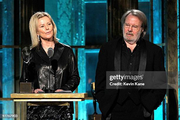 Inductees Benny Andersson and Anni-Frid Prinsessan Reuss of ABBA speak onstage at the 25th Annual Rock and Roll Hall of Fame Induction Ceremony at...