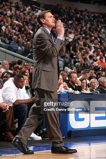 Head coach Rick Carlisle of the Dallas Mavericks shouts from the sideline during the game against the Portland Trail Blazers at the American Airlines...