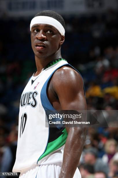 Jonny Flynn of the Minnesota Timberwolves looks on during the game against the Dallas Mavericks at Target Center on March 8, 2010 in Minneapolis,...