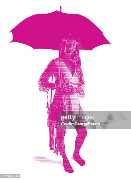 boho woman holding umbrella - raining inside stock illustrations