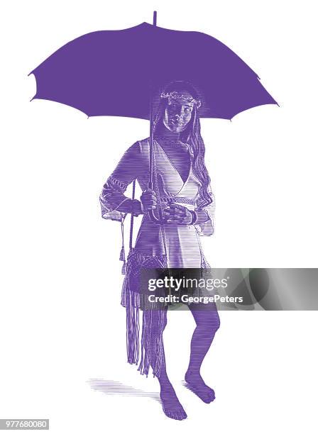 boho woman holding umbrella - bohemian interior stock illustrations