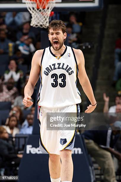 Marc Gasol of the Memphis Grizzlies reacts after a play during the game against the Portland Trail Blazers at the FedExForum on March 01, 2010 in...