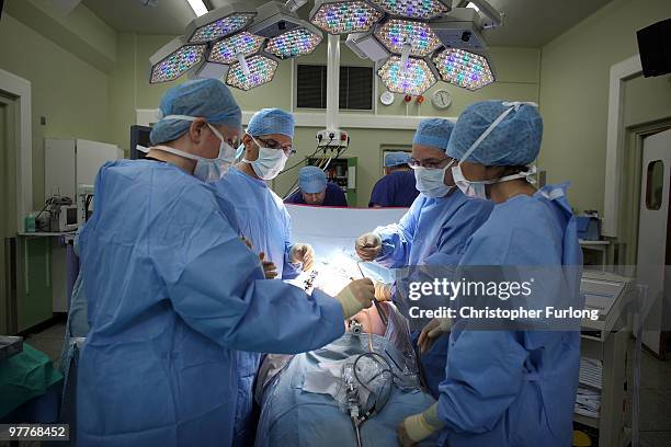 Surgeon and his theatre team perform key hole surgery to remove a gallbladder at at The Queen Elizabeth Hospital on March 16, 2010 in Birmingham,...