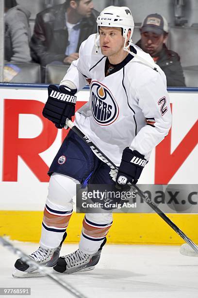 Aaron Johnson of the Edmonton Oilers skates up the ice during warmup before game action against the Toronto Maple Leafs March 13, 2010 at the Air...