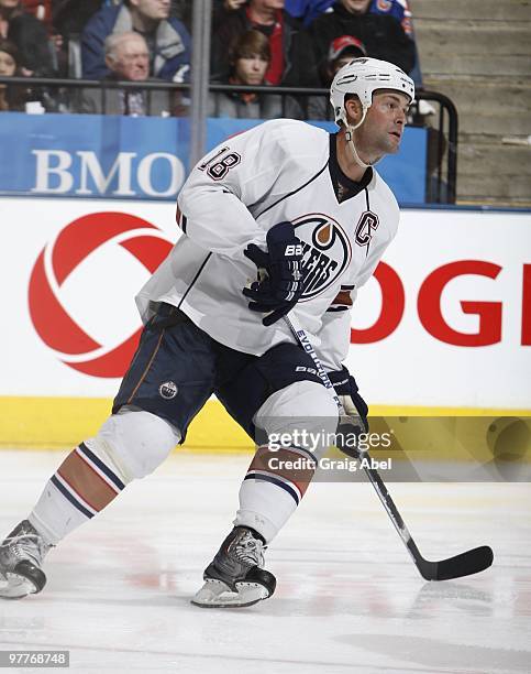 Ethan Moreau of the Edmonton Oilers skates up the ice during game action against theToronto Maple Leafs March 13, 2010 at the Air Canada Centre in...