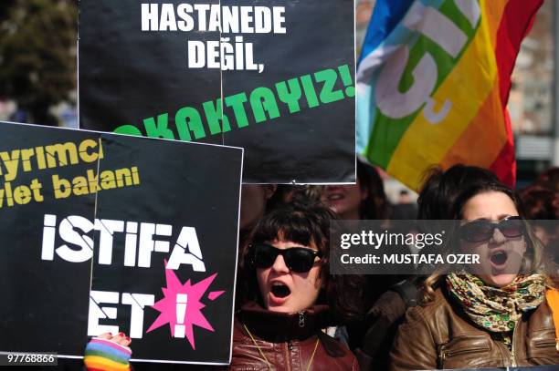 Activists of the Association of the Turkish homosexuals human rights chant slogans and hold banners reading "We are not in hospital, we are in the...