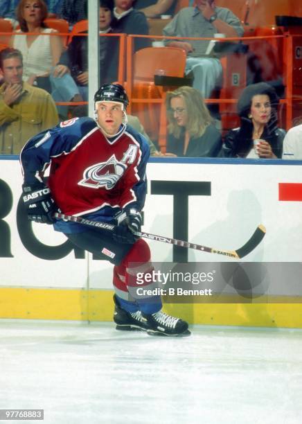 Curtis Leschyshyn of the Colorado Avalance skates on the ice during an NHL game against the Los Angeles Kings circa 1995 at the Great Western Forum...