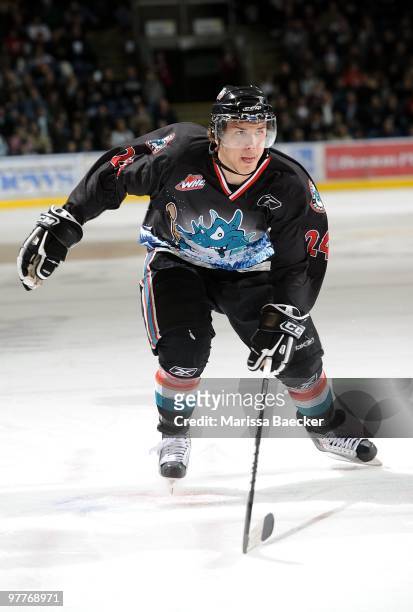 Mitchell Callahan of the Kelowna Rockets skates against the Prince George Cougars at Prospera Place on March 13, 2010 in Kelowna, Canada.