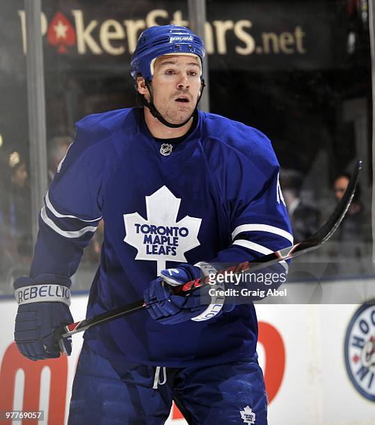 Wayne Primeau of the Toronto Maple Leafs skates up the ice during game action against the Edmonton Oilers March 13, 2010 at the Air Canada Centre in...
