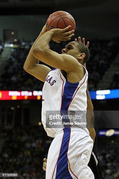 Xavier Henry of the Kansas Jayhawks shoots the ball against the Texas Tech Red Raiders during the quarterfinals of the 2010 Phillips 66 Big 12 Men's...