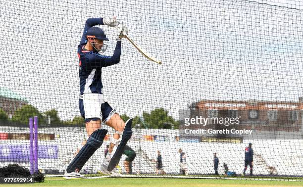 Alex Hales of England bats during a nets session at Trent Bridge on June 18, 2018 in Nottingham, England.