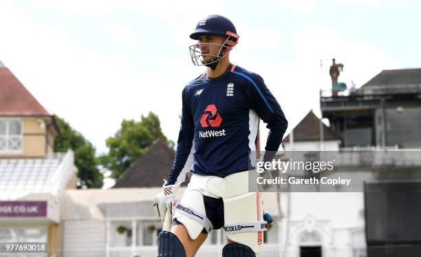 Alex Hales of England walks to the nets during a nets session at Trent Bridge on June 18, 2018 in Nottingham, England.