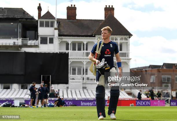 Sam Billings of England walks to the nets during a nets session at Trent Bridge on June 18, 2018 in Nottingham, England.