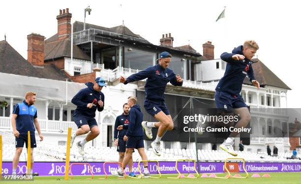 Jason Roy, Alex Hales and Sam Billings of England warm up ahead of a nets session at Trent Bridge on June 18, 2018 in Nottingham, England.