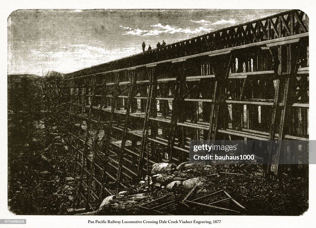 Railway Locomotive Crossing Dale Creek Viaduct Engraving, 1877