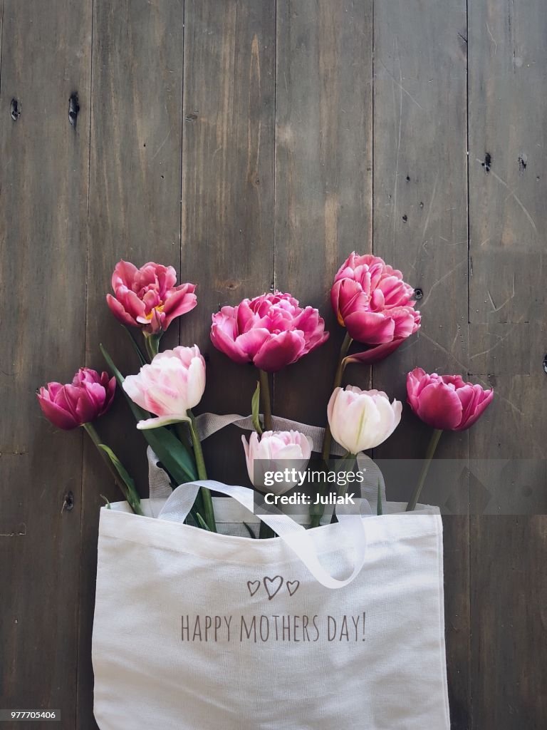 Tulips in a Mother's Day linen bag