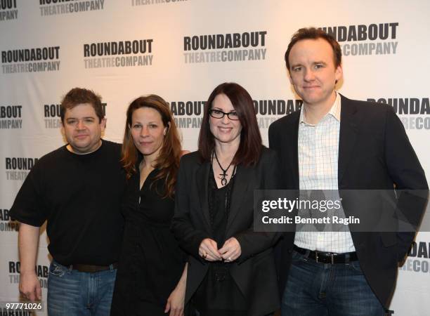 Patton Oswalt, Lili Taylor, Megan Mullally, and David Wilson attend the "Lips Together, Teeth Apart" cast photo call at the American Airlines Theatre...