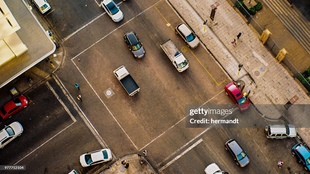 Aerial view of a city street with cards and people, Pretoria, Gauteng, South Africa