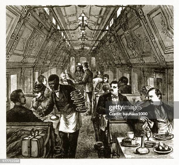 luxurious early american railway pullman dining car, 1877 - dining car stock illustrations