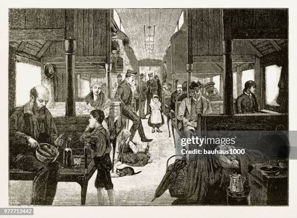 immigrants travelling west on third class railway, early american engraving, 1870 - railroad conductor stock illustrations