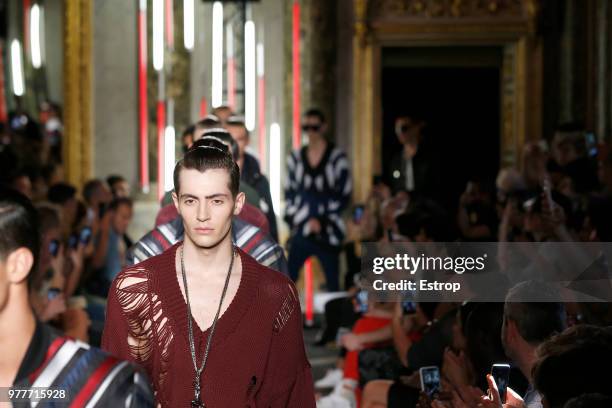 Model walks the runway at the Les Hommes show during Milan Men's Fashion Week Spring/Summer 2019 on June 16, 2018 in Milan, Italy.