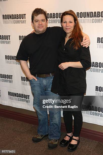 Actors Patton Oswalt and Lili Taylor attend the "Lips Together, Teeth Apart" cast photo call at the American Airlines Theatre on March 16, 2010 in...