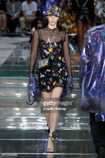 Model walks the runway at the Versace show during Milan Men's Fashion Week Spring/Summer 2019 on June 16, 2018 in Milan, Italy.