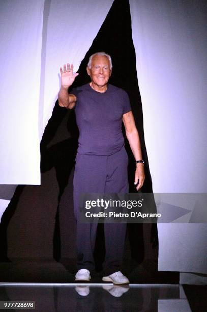 Fashion designer Giorgio Armani acknowledges the audience at the Giorgio Armani show during Milan Men's Fashion Week Spring/Summer 2019 on June 18,...