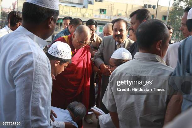 Tibetan spiritual leader Dalai Lama during the prayer at Jama Masjid Mosque on June 1 in New Delhi, India. The Dalai Lama during an international...