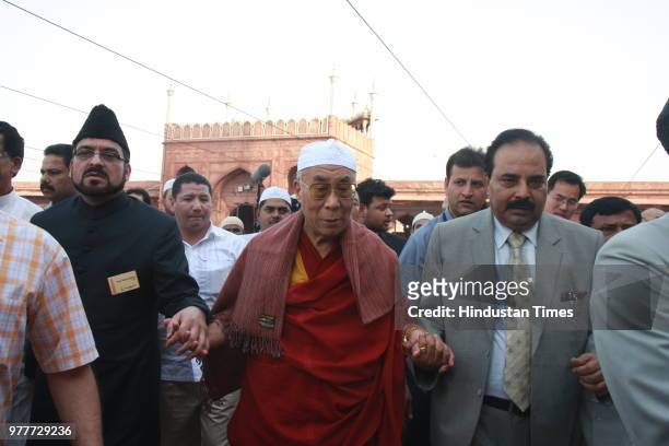 Tibetan spiritual leader Dalai Lama during the prayer at Jama Masjid Mosque on June 1 in New Delhi, India. The Dalai Lama during an international...