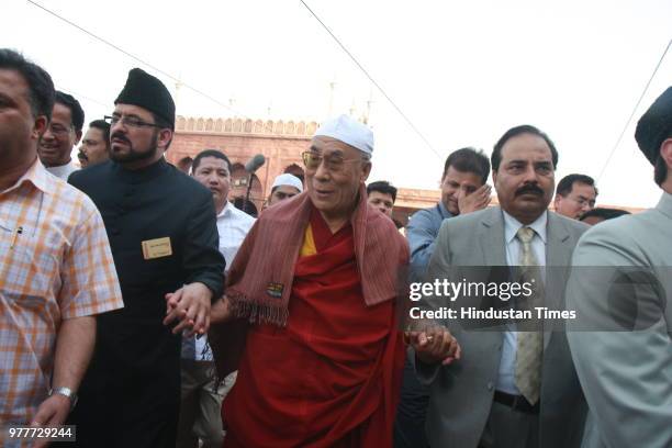 Tibetan spiritual leader Dalai Lama during the prayer at Jama Masjid Mosque on June 1 in New Delhi, India. The Dalai Lama during an international...