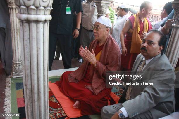 Tibetan spiritual leader Dalai Lama during the prayer at Jama Masjid Mosque on June 1 in New Delhi, India. The Dalai Lama during an international...