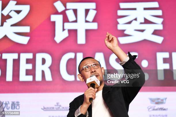 Chinese director Jiang Wen attends golden goblet master class during the 21st Shanghai International Film Festival at Crowne Plaza Hotel on June 18,...