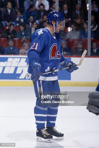 Peter Forsberg of the Quebec Nordiques skates against the Montreal Canadiens in the mid 1990's at the Montreal Forum in Montreal, Quebec, Canada.